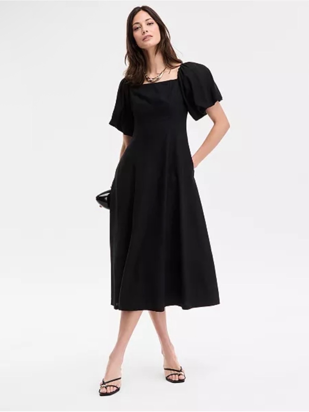 Elegant Black Midi Dress with on/off the shoulder Puff Sleeve
